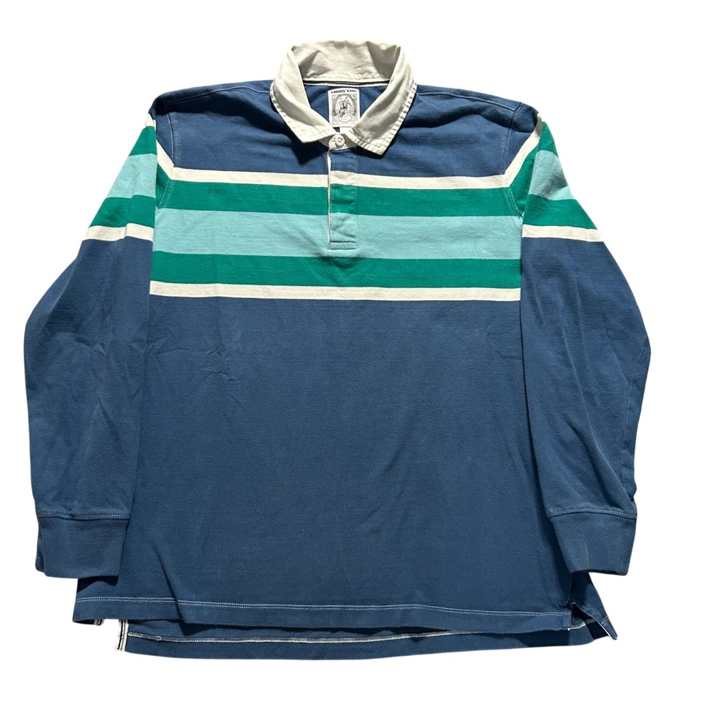 VTG Lands End Rugby Shirt Mens XL Blue Striped Long Sleeve Cotton Heavyweight